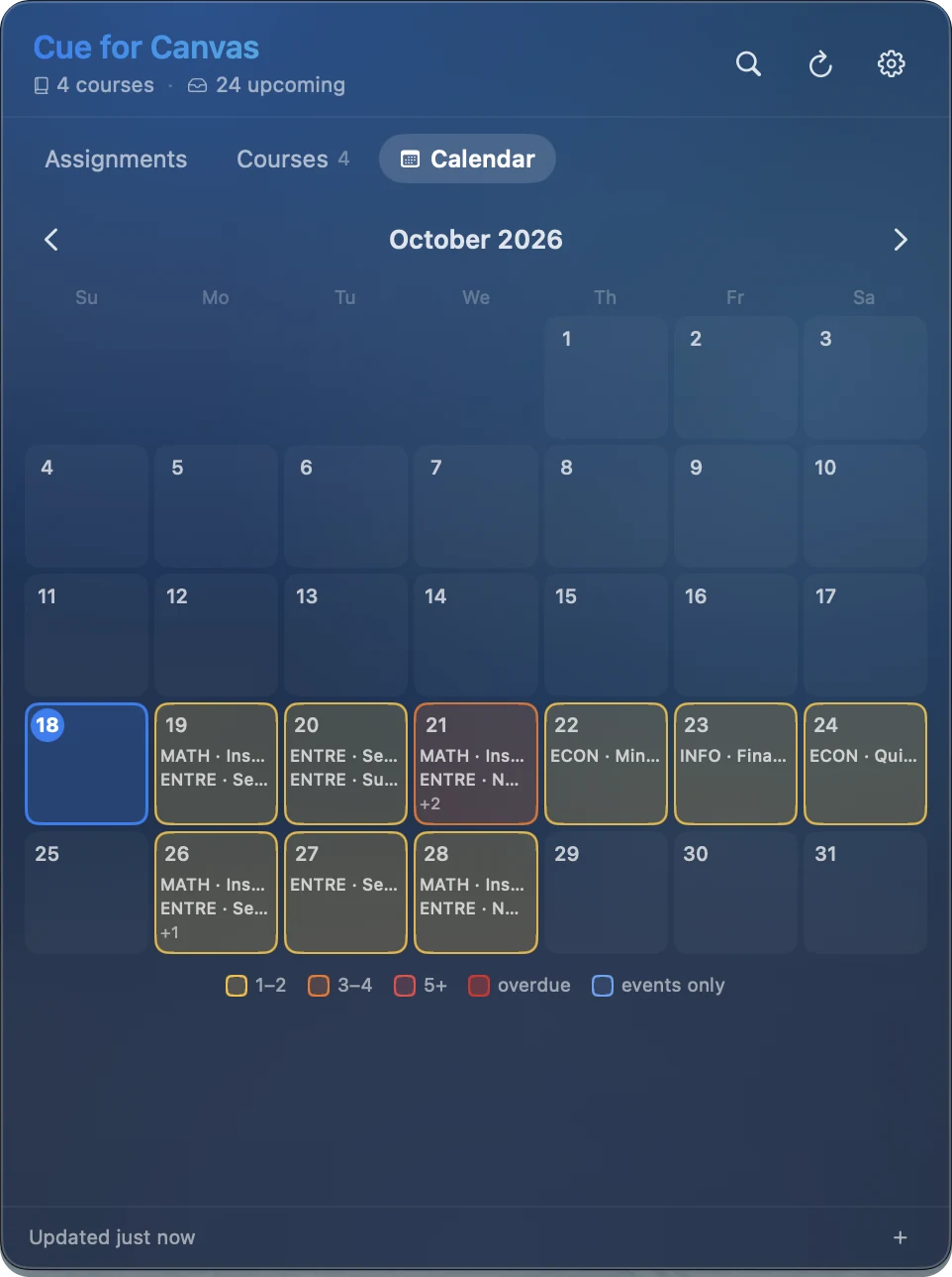 Calendar tab showing a month with busy days highlighted